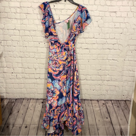 Lilly Pulitzer Womens Dress XS Marianna Nauti Navy Boho Bateau Wrap Midi NWT - Picture 2 of 9